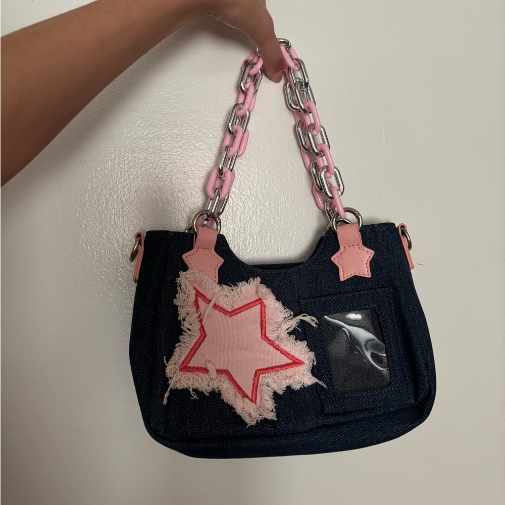 Pink Star Detail Denim Shoulder Bag